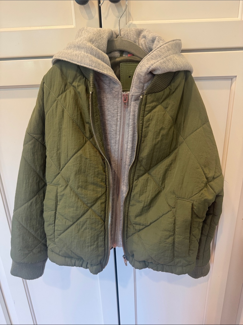 Blank NYC Olive Green Quilted Jacket with Gray Hoodie Liner